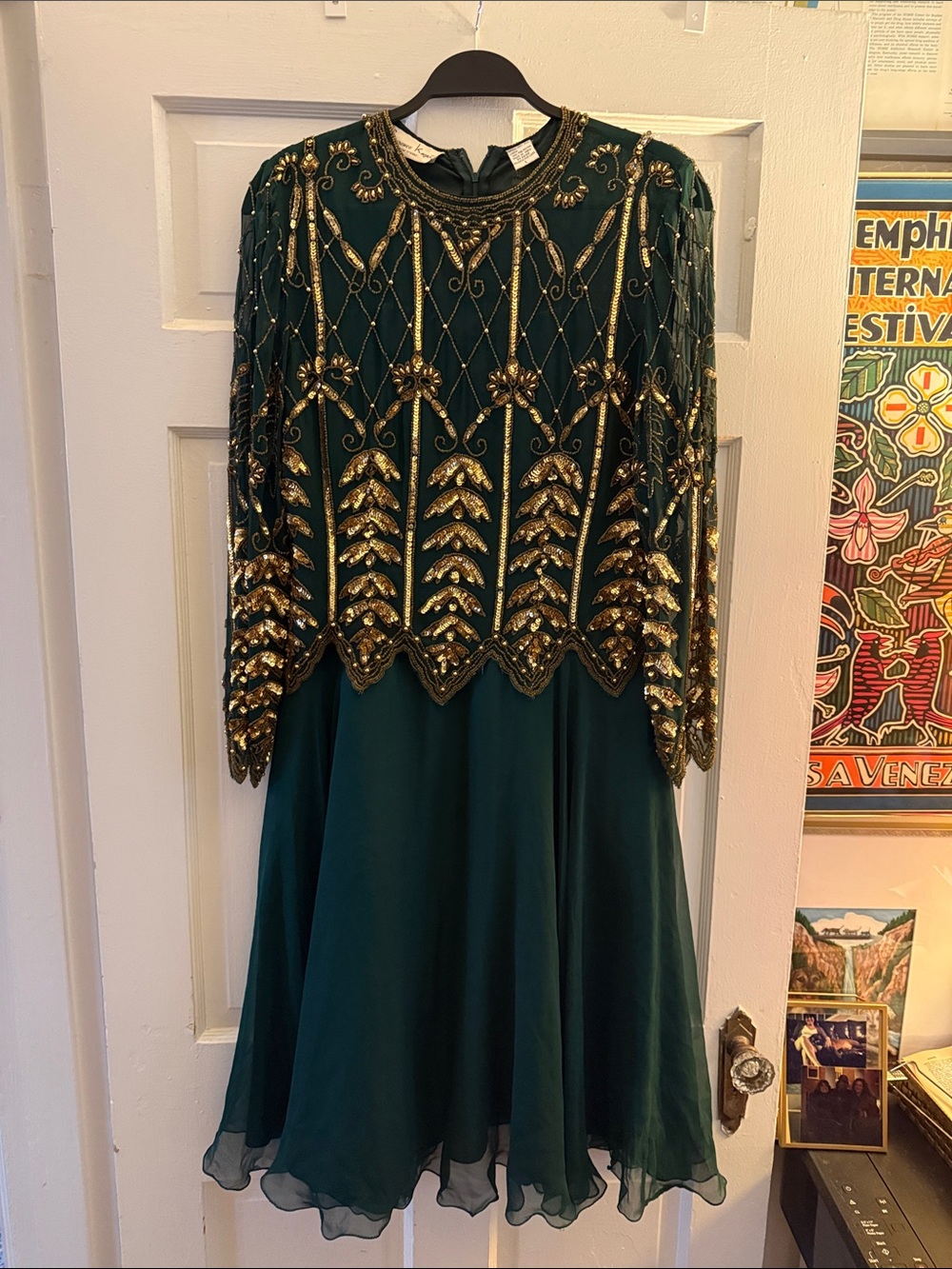 Vintage 80s Laurence Kazar Emerald Green Dress with Gold Beaded Embellishment